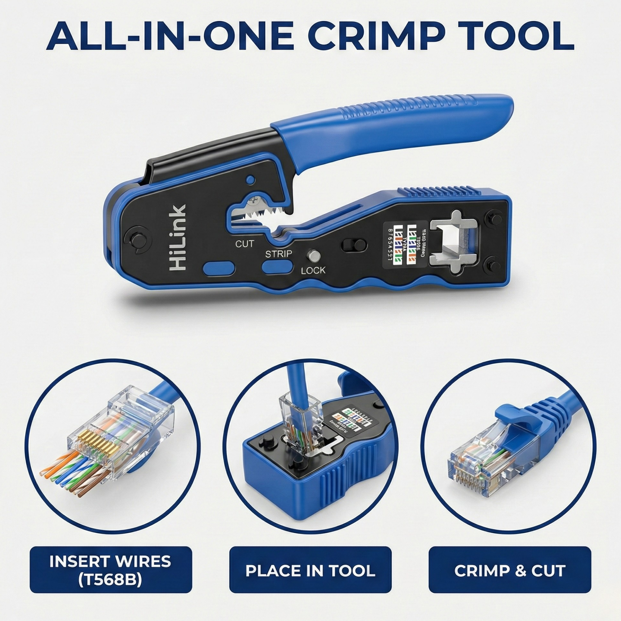 HiLink RJ45 Crimp Tool — Multi-Function Cable Crimper, Stripper & Cutter for Cat5/Cat6