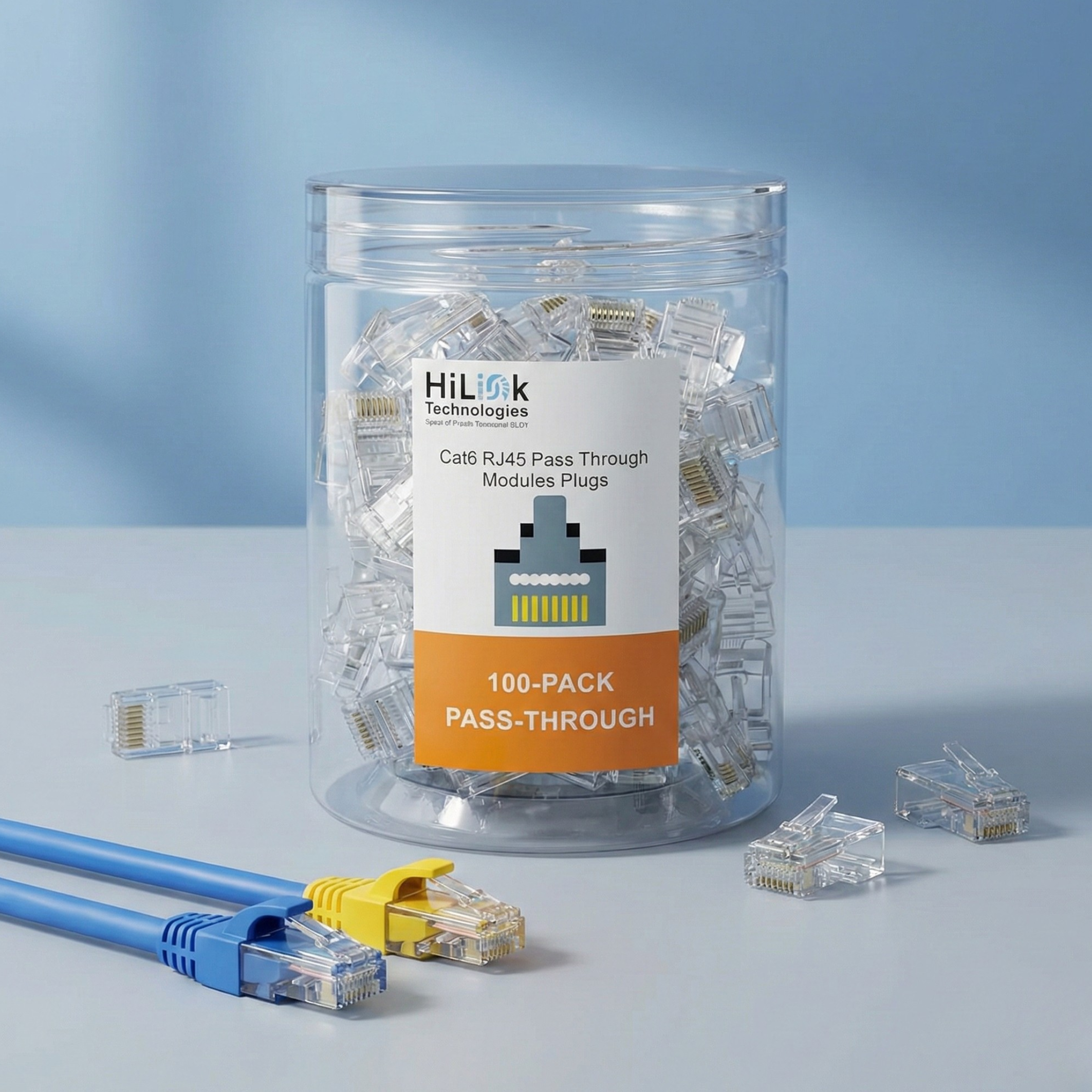 HiLink RJ45 Pass-Through Modular Plug — Cat6, 8P8C, Unshielded, 100-Pack