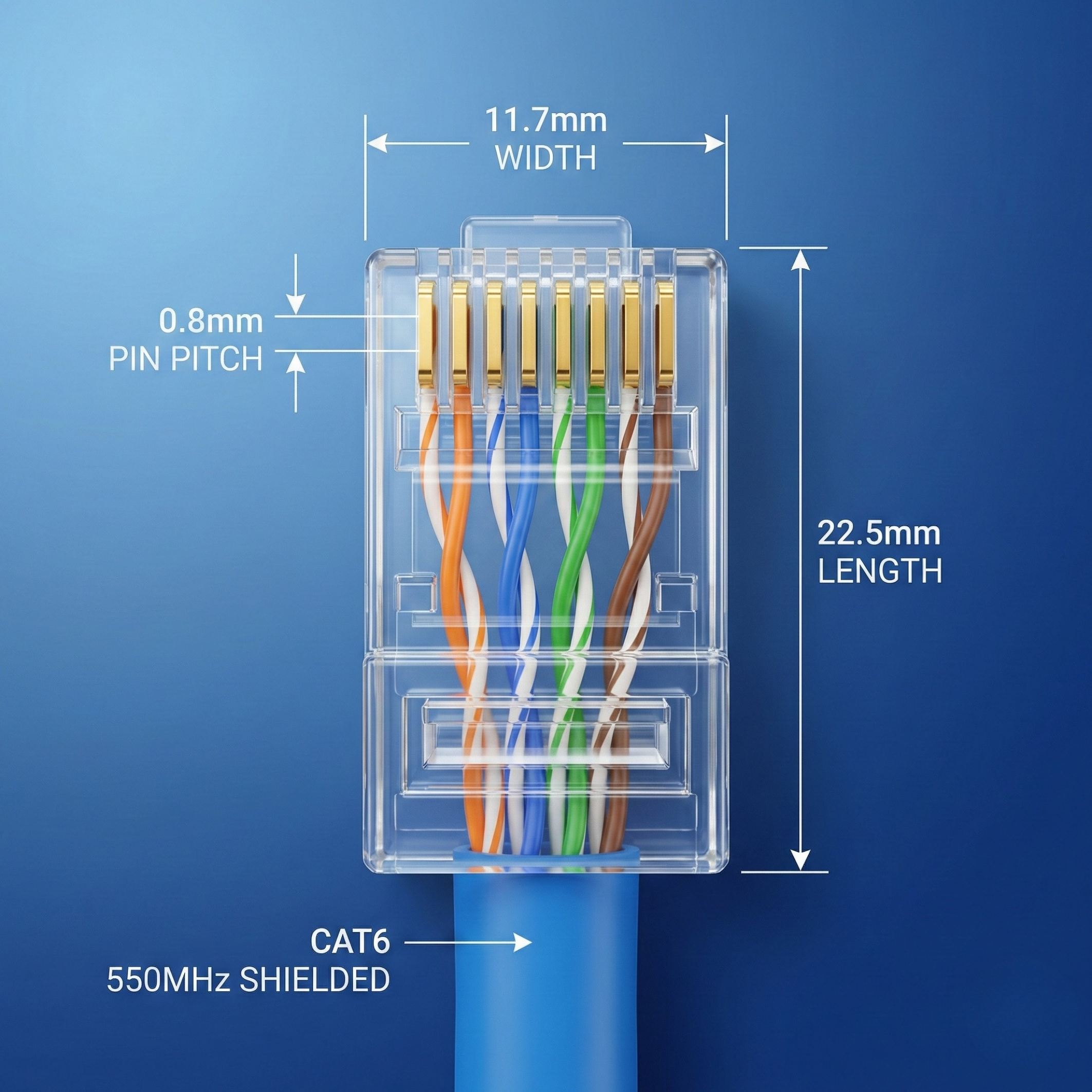 Hilink RJ45 Modular Plug, 8P/8C, Unshielded, Flat Cable, Cat 6, Solid Wire pass through, 100pcs pack