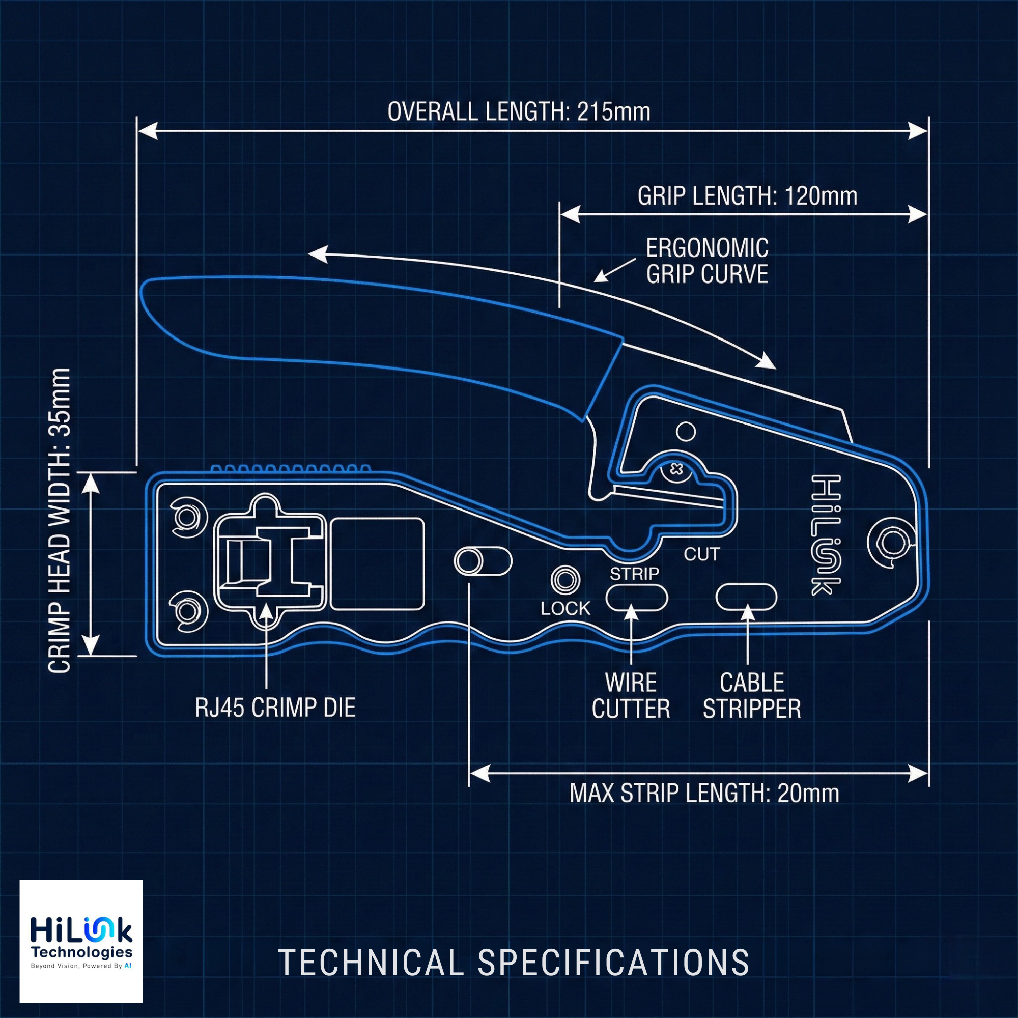 HiLink RJ45 Crimp Tool — Multi-Function Cable Crimper, Stripper & Cutter for Cat5/Cat6