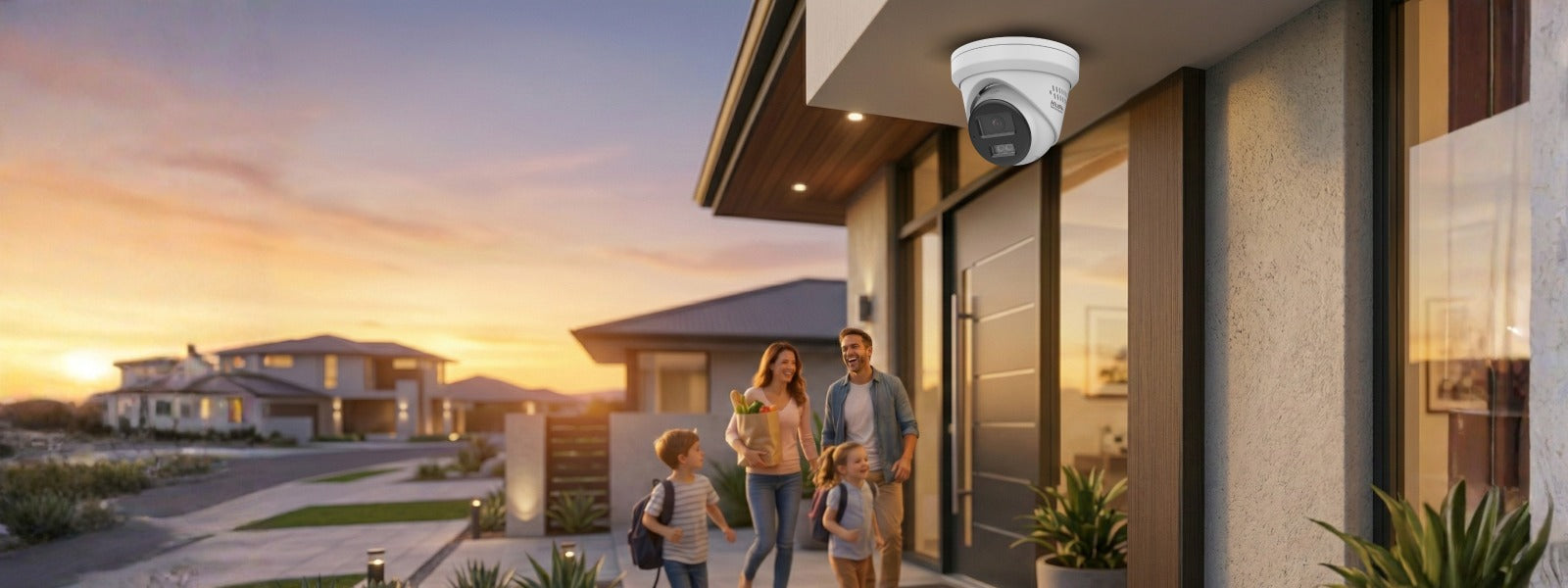 Family standing outside a modern house with a security camera on the wall.